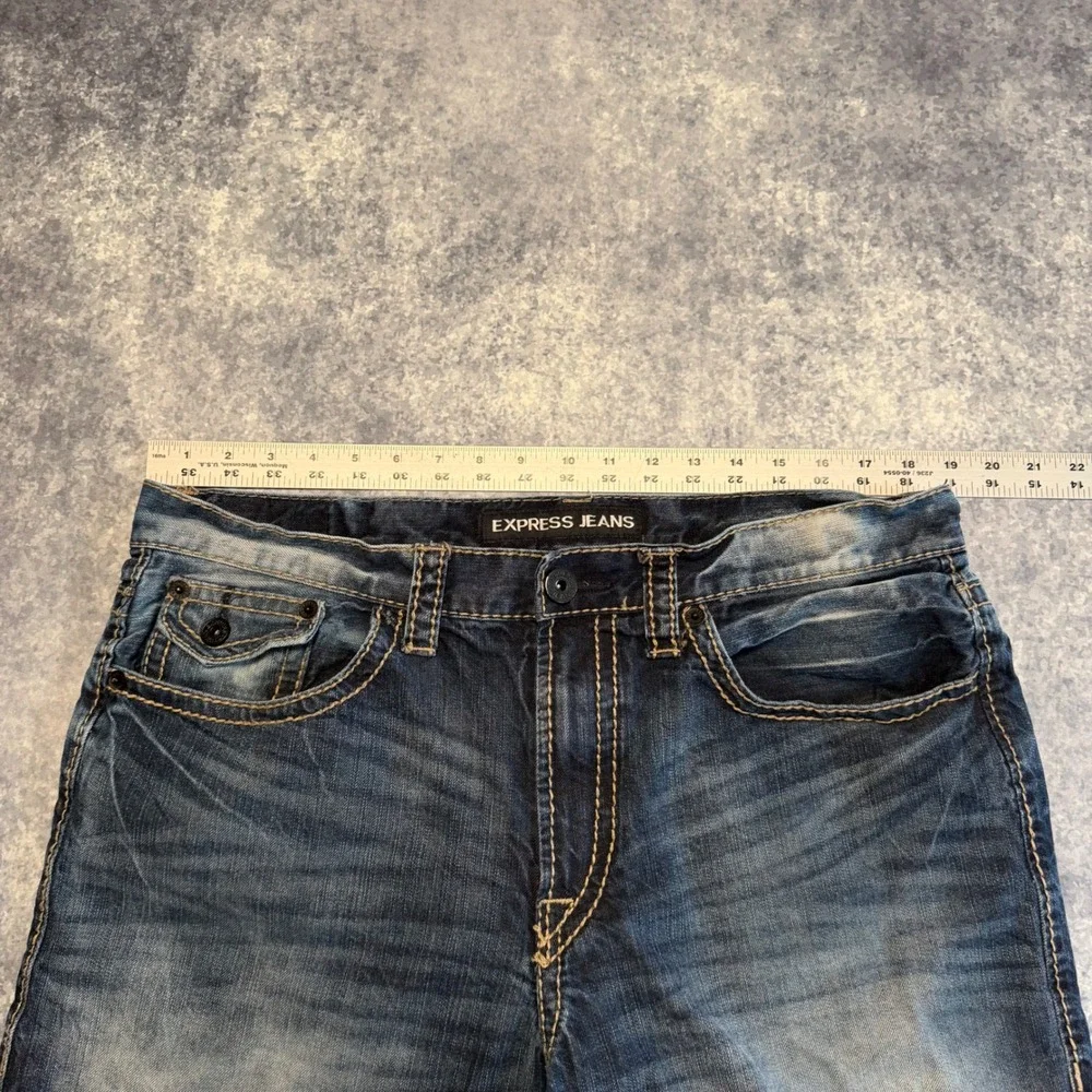 Express Jeans Blake Loose Fit Boot Cut Mens 36x34 Blue Distressed Heavy Stitch